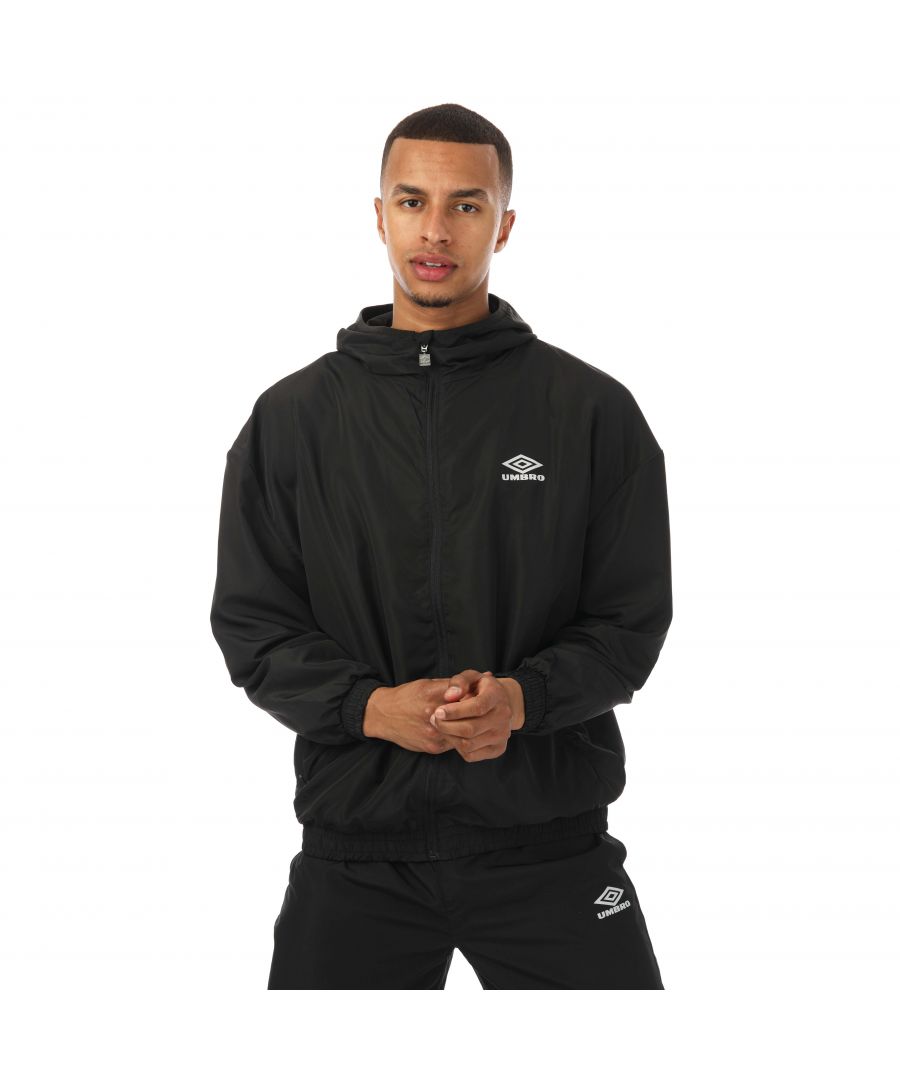 Mens Umbro Diamond Light Weight Rain Jacket in black.- Scuba-style hood.- Exposed taped zip pockets.- Full zip fastening. - Snug-fitting elasticated binding on the cuffs.- Drawcords  with toggle adjusters at the hem.- Contrast print to lh chest front.- 100% Polyester.- Ref: UMJM0640OG2BLK