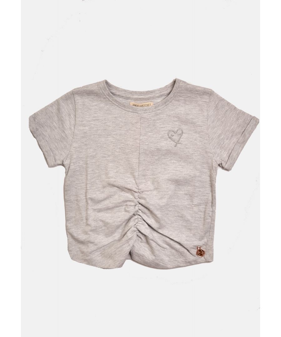 Simple yet sylish!  A super soft cotton jersey tee with rib neckline. A gentle gathered front and embroiderd logo it's a wardrobe staple.   Angel & Rocket cares – made with fairtrade cotton   Grey Marl   About me: 100% cotton.   Look after me: think planet  machine wash at 30c