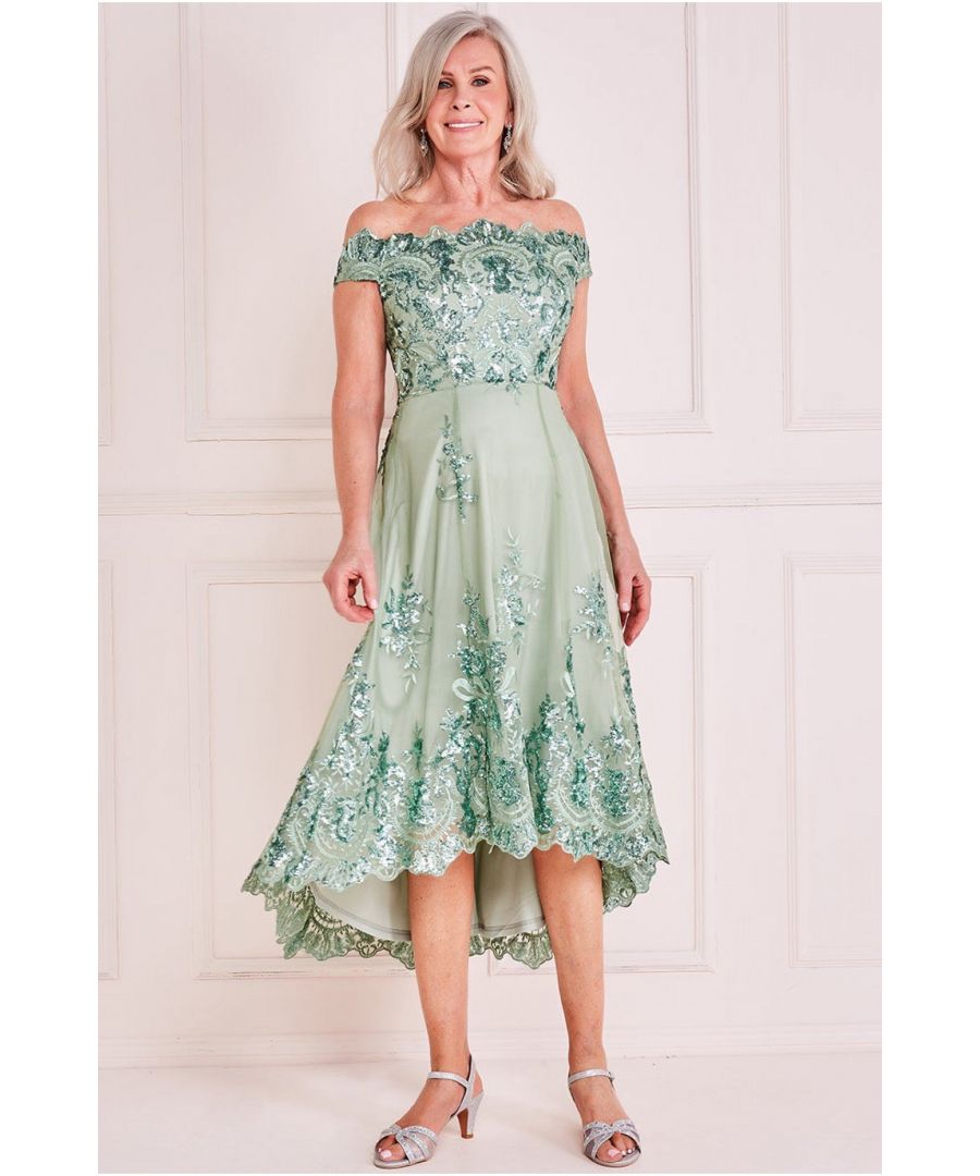 Goddiva Womens Sequin & Lace Bardot High Low Midi - Green - Size 12 UK