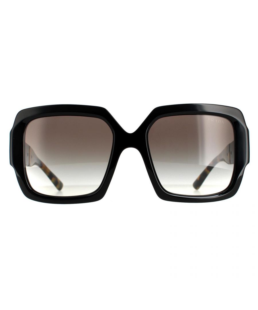 Prada Square Womens Black Grey Gradient PR21XS Sunglasses are an oversized square style crafted from lightweight acetate. The integrated nose pad design ensure all day comfort while temples feature the Prada logo for authenticity.