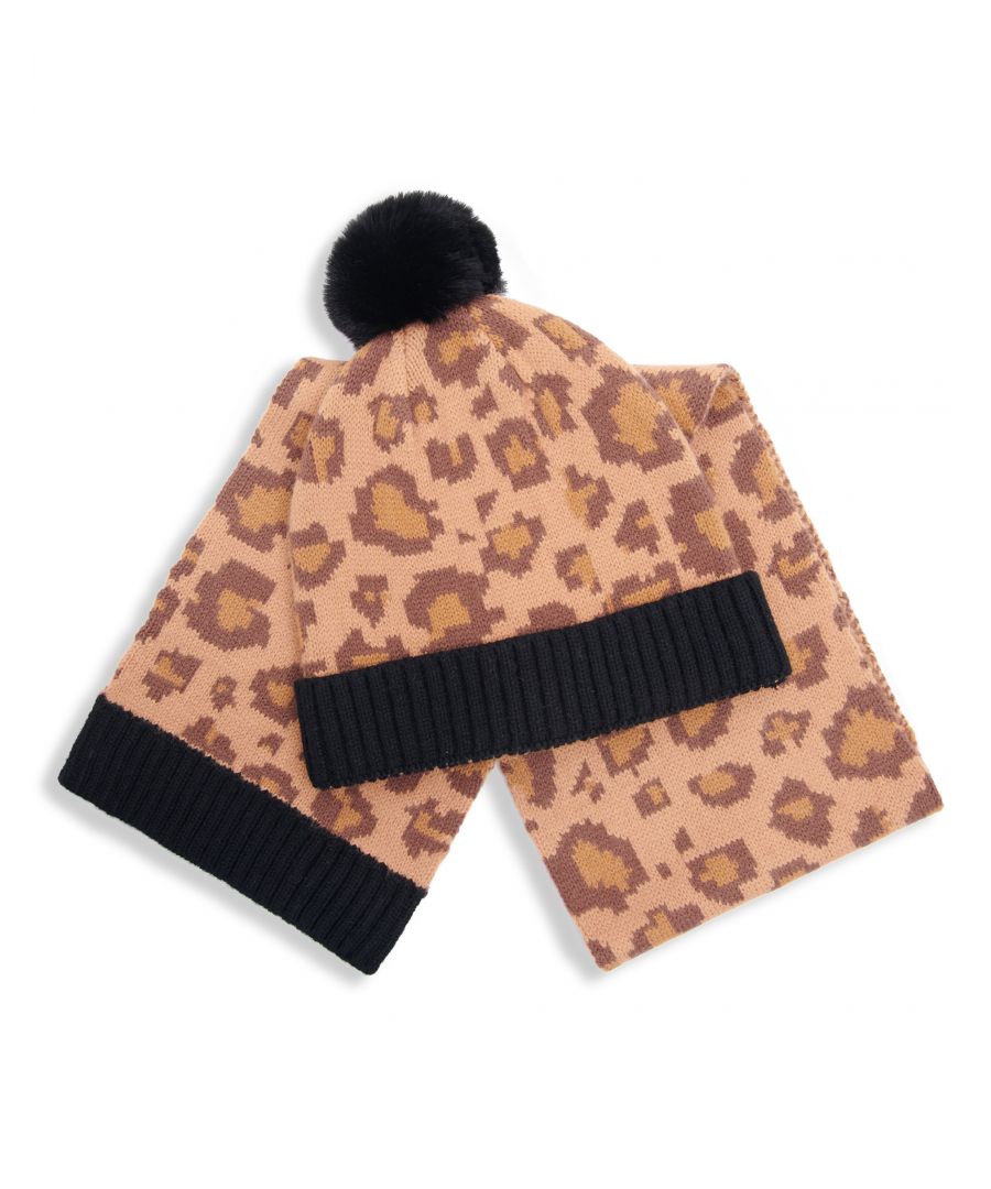 Image for 'Leopard' Bobble Pom Pom Hat & Scarf Set