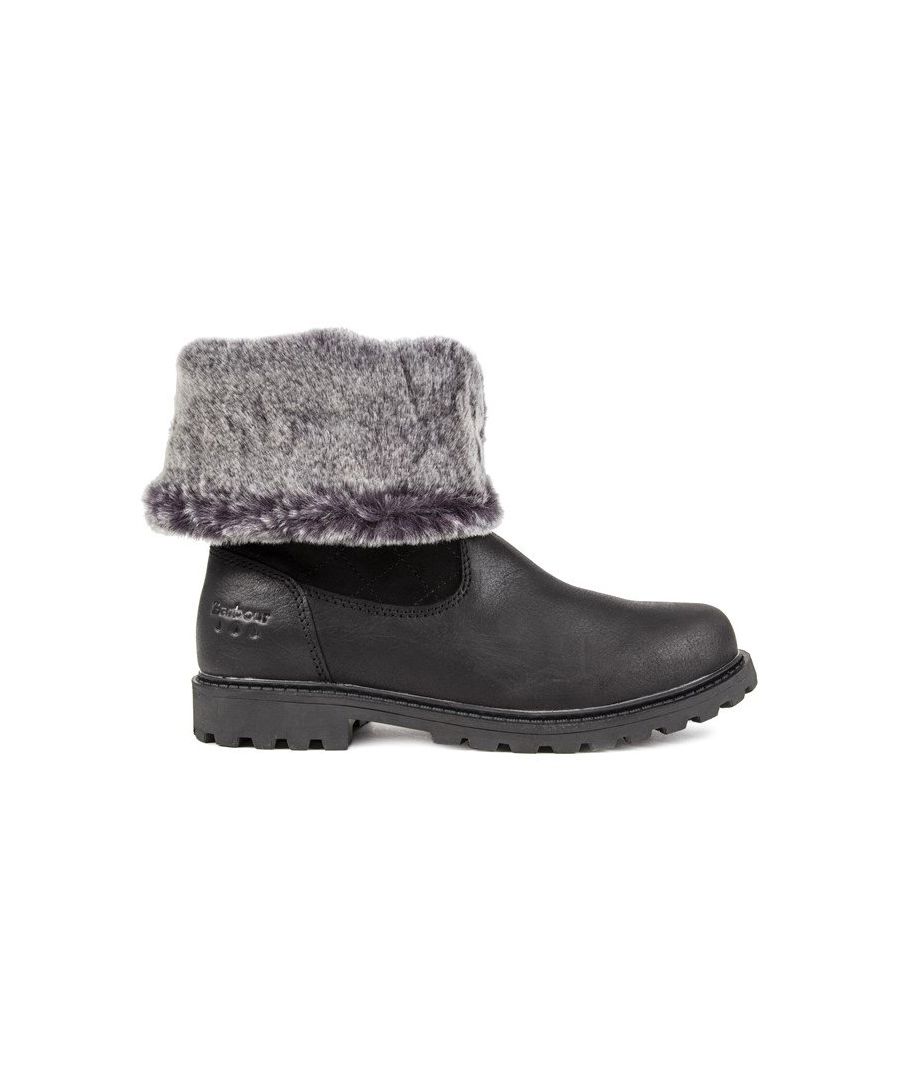 Womens black Barbour hareshaw fold down boots, manufactured with leather and a rubber sole. Featuring: faux fur lining, padded sock, stitch details and approx 2cm heel.