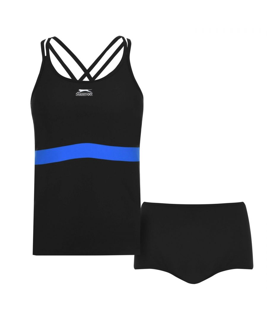 <h2>Slazenger Tankini Set Ladies</h2>\nHit the pool with the Tankini Set from Slazenger. This two piece set comprises of short style bottoms and a full length vest - both of which consist of contrasting piping and the Slazenger logo. Made with chlorine-resistant LYCRA® fiber to last up to 10 times longer than those with ordinary elastane. \n\n> Please note: The style you receive may vary from the image shown.\n\nTankini top:\n> Full length top\n> Racer back\n> Contrasting piping\n> Not wired\n> Slazenger logo\n\nBottoms:\n> Shorts style\n> Contrast piping\n> Gusset\n\nBoth:\n> Slazenger branding \n> 82% Nylon / 18% chlorine resistant LYCRA®\n> Machine washable at 40 degrees