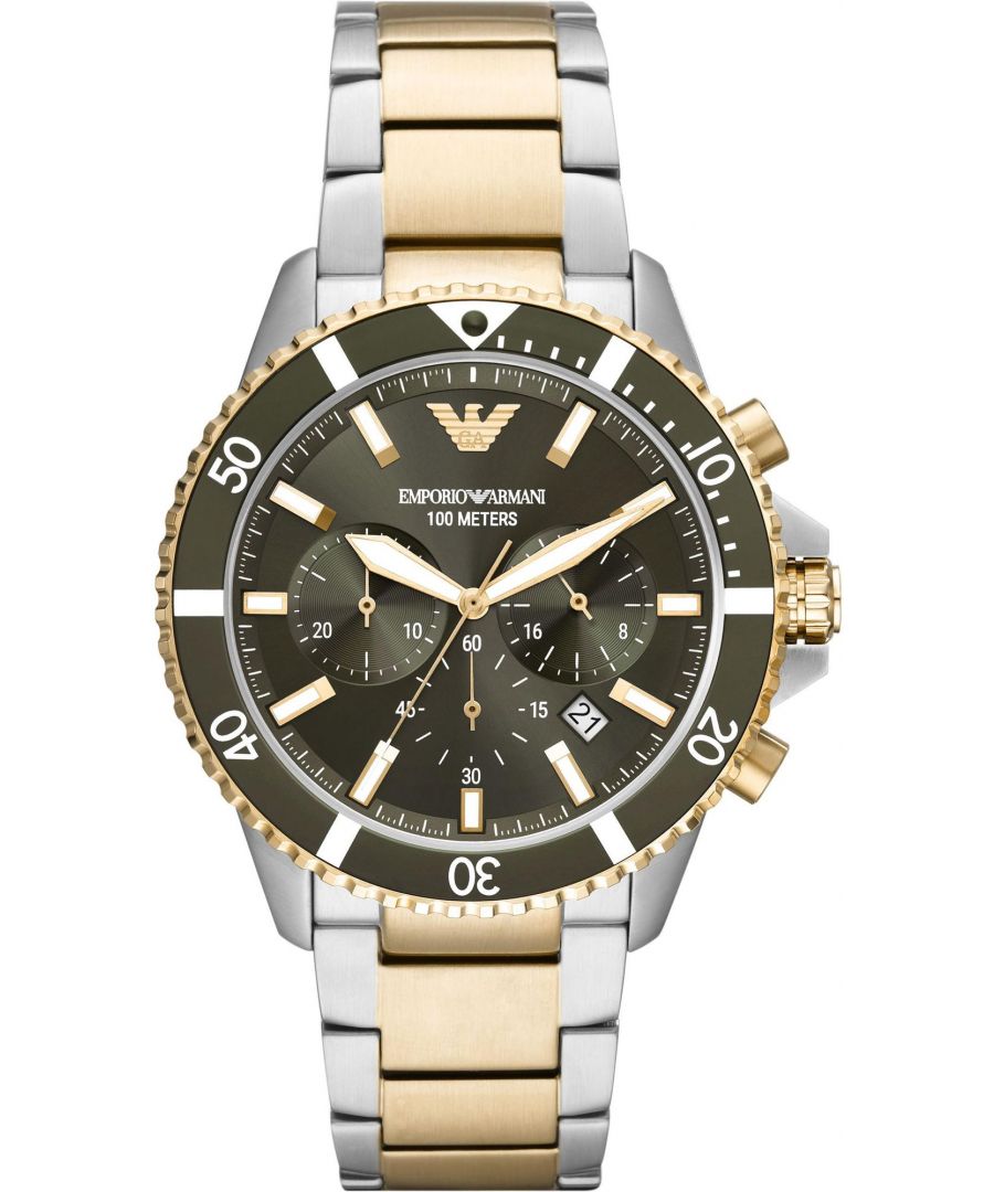This Emporio Armani Diver Chronograph Watch for Men is the perfect timepiece to wear or to gift. It's Multicolour 43 mm Round case combined with the comfortable Multicolour Stainless steel watch band will ensure you enjoy this stunning timepiece without any compromise. Operated by a high quality Quartz movement and water resistant to 10 bars, your watch will keep ticking. This sporty and fashionable watch gives you a unique feeling in every outfit! -The watch has a calendar function: Date, Stop Watch, 24-hour Display, Luminous Hands, Luminous Numbers High quality 21 cm length and 21 mm width Multicolour Stainless steel strap with a Fold over with push button clasp Case diameter: 43 mm,case thickness: 12 mm, case colour: Multicolour and dial colour: Green
