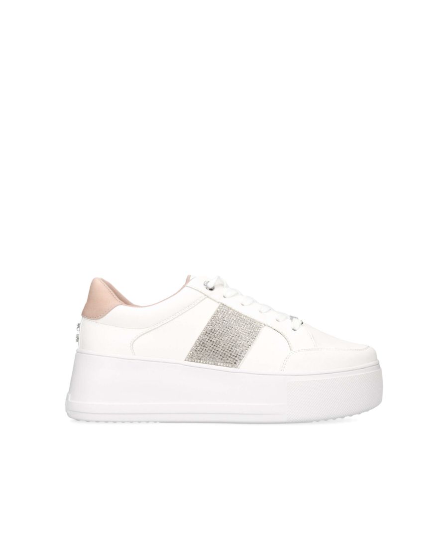 The Jive Lace Up is a flatform trainer in white with silver crystal panels at the side. The back of the heel features a silver tone Signature C stud.