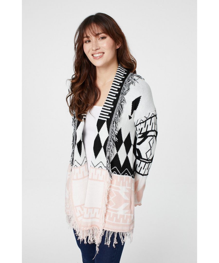 Printed Longline Fringed Cardigan