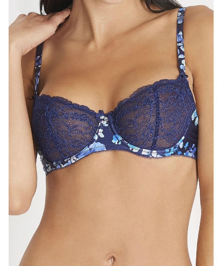 Crafted to provide a luxurious fit and feel, the Charme d'Eden Half Cup Bra from Aubade is an asset to your lingerie collection. Offering a comfortable and contemporary fit, this beautiful bra is styled in a stretch jacquard lace with coordinating floral trim, for a truly luscious look. The bra is underwired to provide great uplift and support, yet it is non-padded for a natural look and feel. It embraces a popular half cup design, with hook and eye fastening to the rear and adjustable floral straps. Pair with matching items for the ultimate lingerie look.\n\nElegant, feminine design\nComfortable fit\nStretch jacquard lace\nOn trend design\nHalf cup\nUnderwired \nNon-padded\nAdjustable coordinating straps\nHook and eye fastening to rear\nMatching items available\nComposition:- Lace front back 92% Polyamide | 8% Elastane\nComposition:- Lace top cup 92% Polyamide | 8% Elastane\nComposition:- Satin trim: 92% Polyester | 8% Elastane\n\nListed in UK sizes