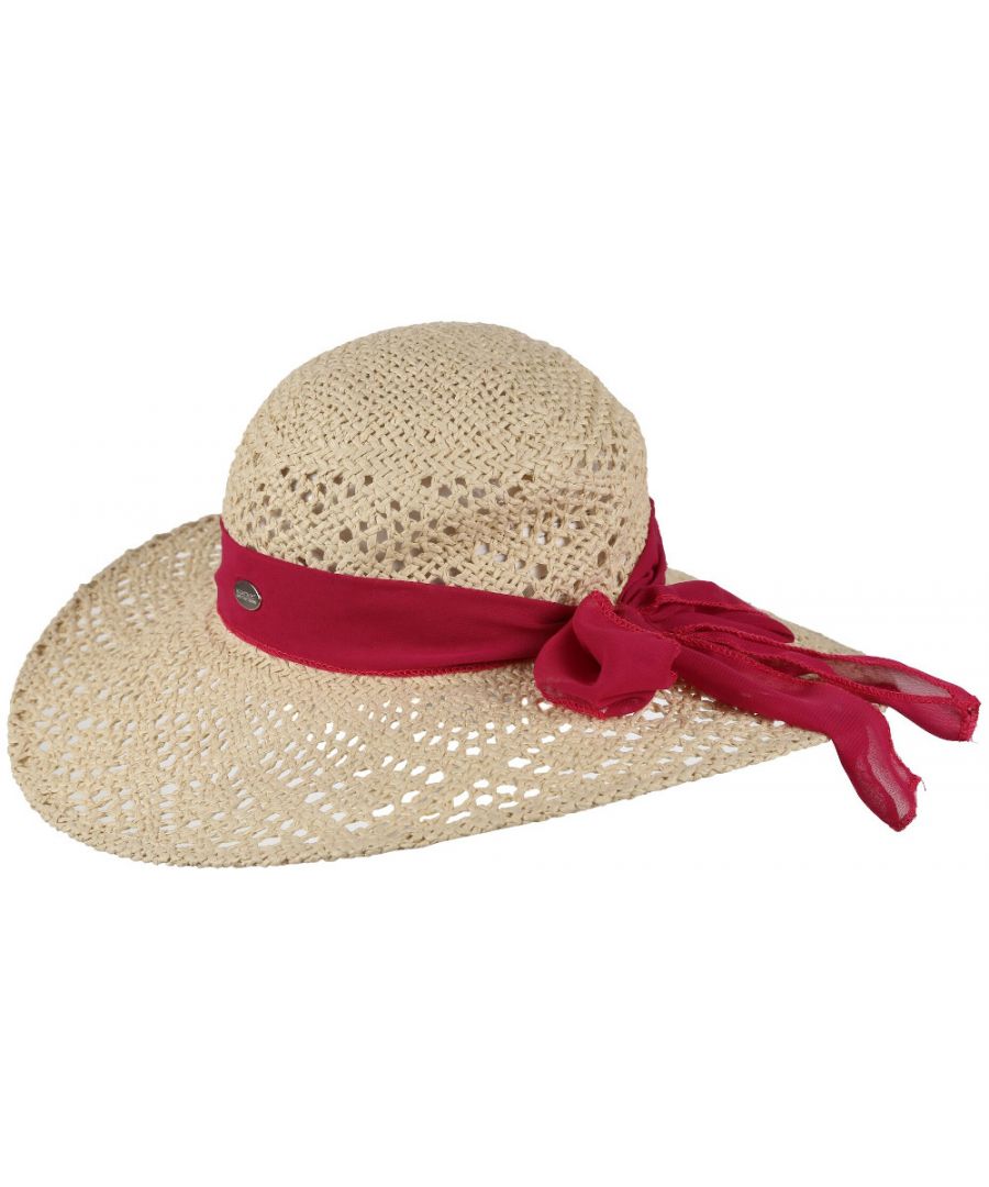Floppy wide-brimmed sun hat with a chic open-weave design and ribbon band detailing.\nMade from featherweight woven paper. Perfect for lounging by the poolside or exploring the city.