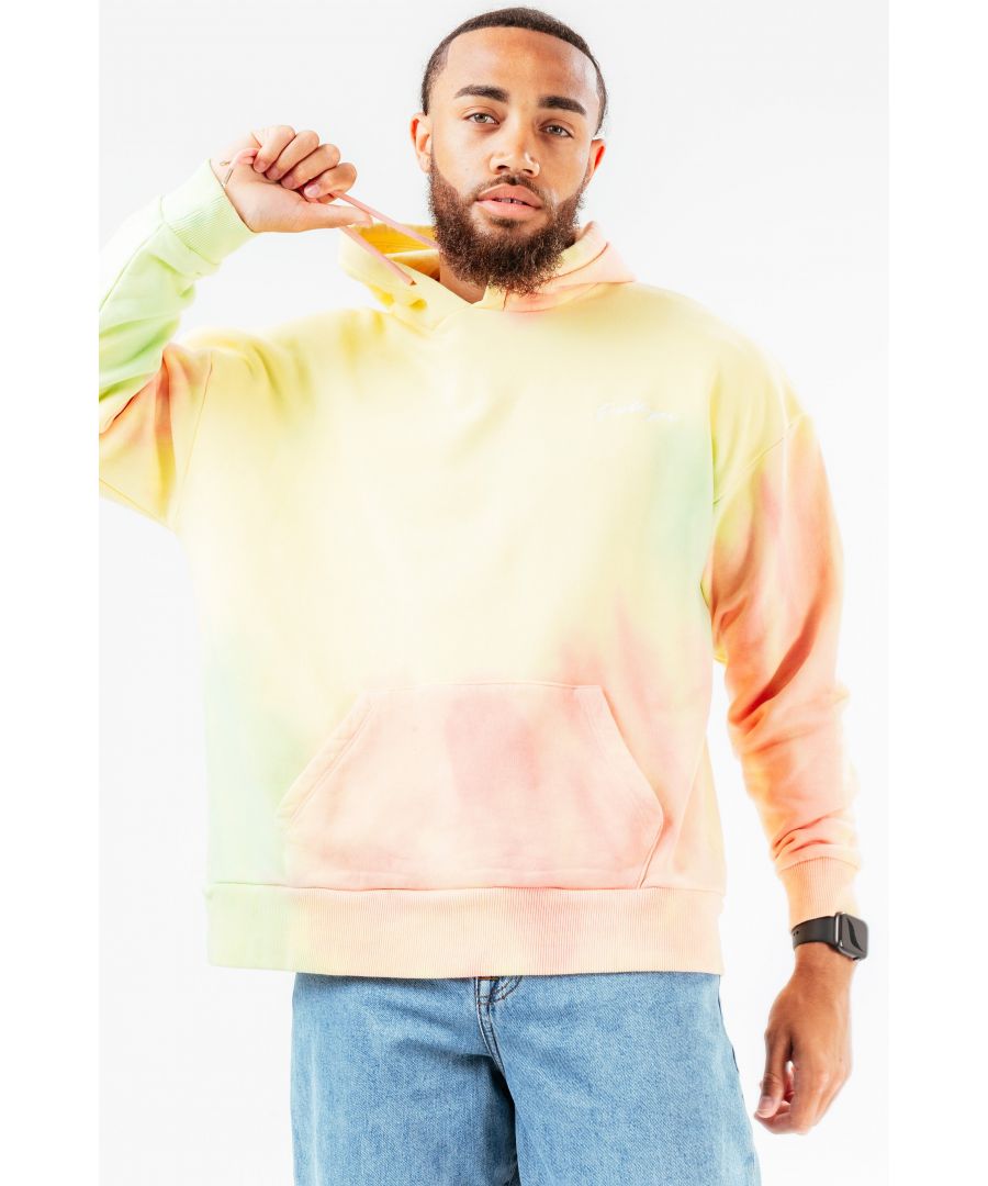 The HYPE. Candy Dye Men's Oversized Pullover Hoodie is a new go-to everyday essential . Designed in our standard men's hoodie shape, with an fixed hood, kangaroo pocket, elasticated hem and ribbed cuffs for a snug feel. Using shades of yellow, orange and green in a dye inspired pattern, to create a subtle and on-trend design. Wear with black skinny fit jeans to complete the look. Machine wash at 30 degrees.