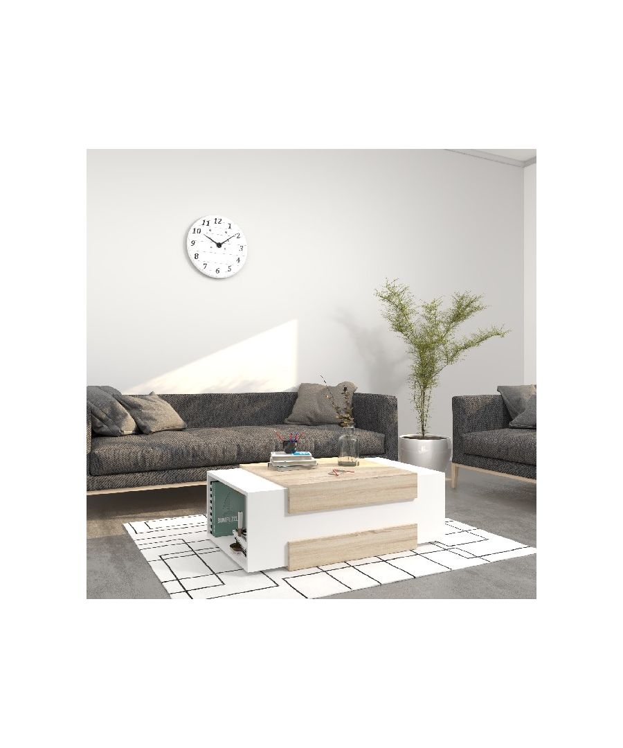 This stylish and functional coffee table is the perfect solution for furnishing the living area and keeping magazines and small items tidy. Easy-to-clean and easy-to-assemble kit included. Color: White, Sonoma | Product Dimensions: W100xD60xH35 cm | Material: Melamine Chipboard, Plastic | Product Weight: 27,40 Kg | Supported Weight: - | Packaging Weight: 30,00 Kg | Number of Boxes: 1 | Packaging Dimensions: W109,5xD72xH8,5 cm.