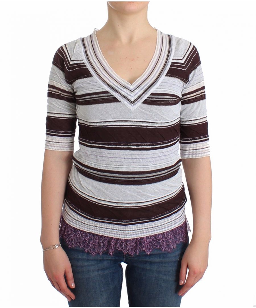 Image for Ermanno Scervino Striped Lace V-Neck Short Sleeve Top Sweater