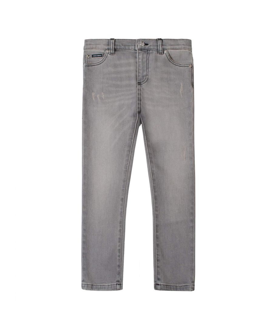This Dolce & Gabbana Denim Jeans for Kids in Grey, features a D&G Logo plaque embroidered on the back right pocket.