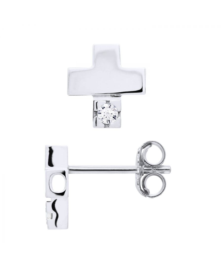 Earrings - Diamonds 0,06 Cts -925 Sterling Silver Rhodium-plated 2 Diamonds 0,03 Cts - set Cross - Push System - Our jewellery is made in France and will be delivered in a gift box accompanied by a Certificate of Authenticity and International Warranty