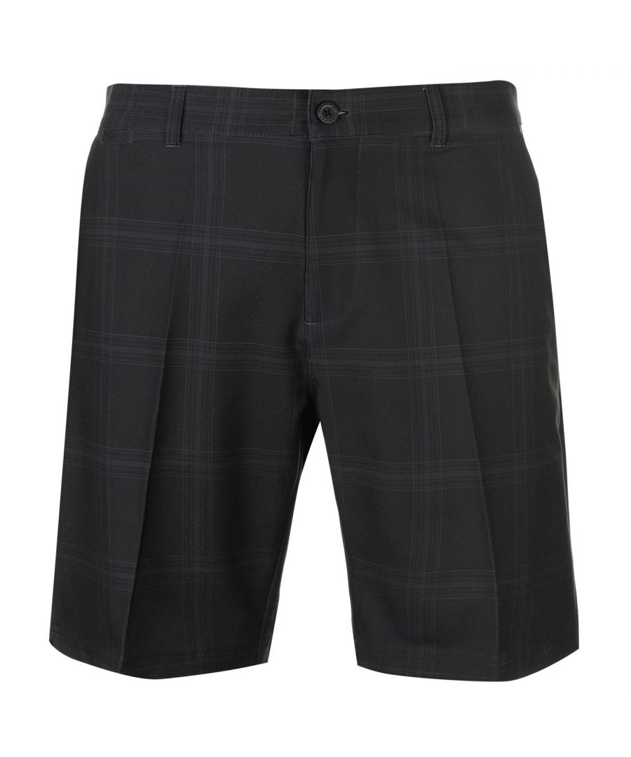 <h2> Slazenger Chequered Shorts Men's </h2>\nThese Slazenger Chequered Shorts are crafted with a single button fastening waist and a zip up fly. They feature belt loops as well as 4 open pockets. These shorts have split hems for a style and are a lightweight construction. They are a chequered design with an embroidered logo and are complete with Slazenger branding.\n\n> Shorts\n> Single button fastening waist\n> Zip up fly\n> Belt loops\n> 4 open pockets\n> Split hems\n> Lightweight\n> Chequered design\n> Embroidered logo\n> Slazenger branding\n> 88% polyester, 12% elastane\n> Machine washable