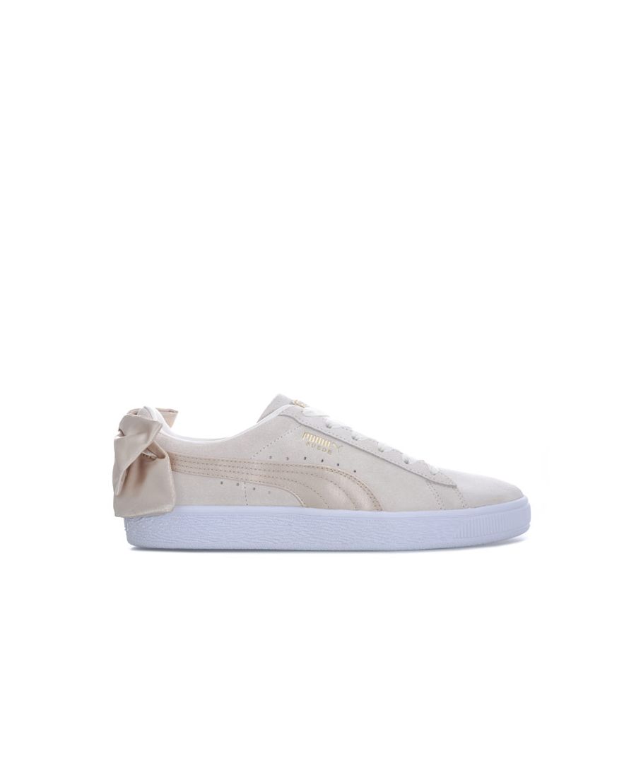 Womens Puma Suede Bow Varsity Trainers in marshmallow - metallic gold.<BR><BR>Puma’s iconic sneaker  updated with feminine satin styling.<BR>- Full suede upper.<BR>- Pull-on construction with elasticated laces.<BR>- Perforations to sides provide added breathability.<BR>- Padded collar and tongue.<BR>- Synthetic leather lining to heel.<BR>- Comfortable mesh lining.<BR>- Removable insole.<BR>- Rubber outsole with ridged tooling to front.<BR>- Foil print Puma branding to tongue and side.<BR>- Satin Puma Formstrip to sides; oversized satin bow at heel.<BR>- Suede and textile upper  Textile and synthetic lining  Synthetic sole.<BR>- Ref: 367732-03