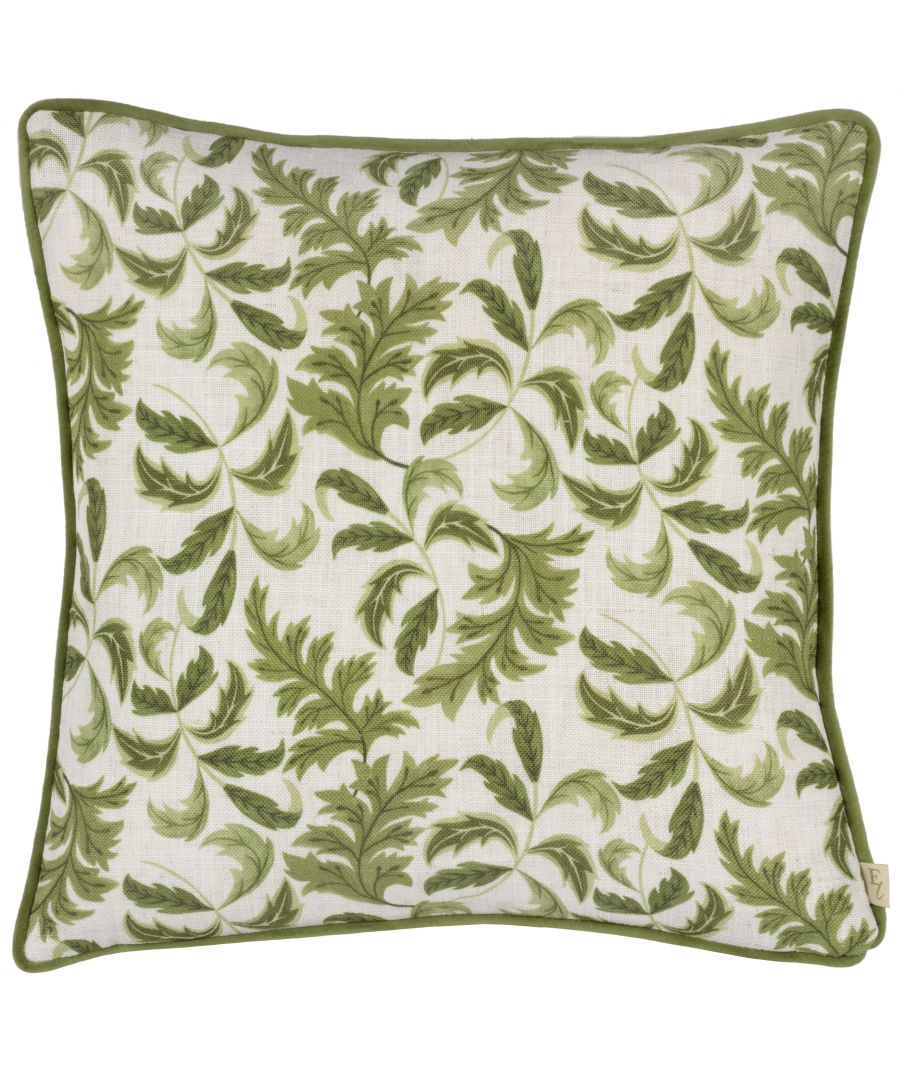 Bring that clean, fresh spring feeling into your home with the Chatsworth Topiary cushion. Featuring detailed hand painted leaf fronds which swirl freely in the fresh breeze, set against solid coloured contrast backgrounds and printed on a soft polylinen fabric. Complimented by a luxurious plain velvet reverse, piped trim and zip fastening. A wonderful way to freshen things up in your home.