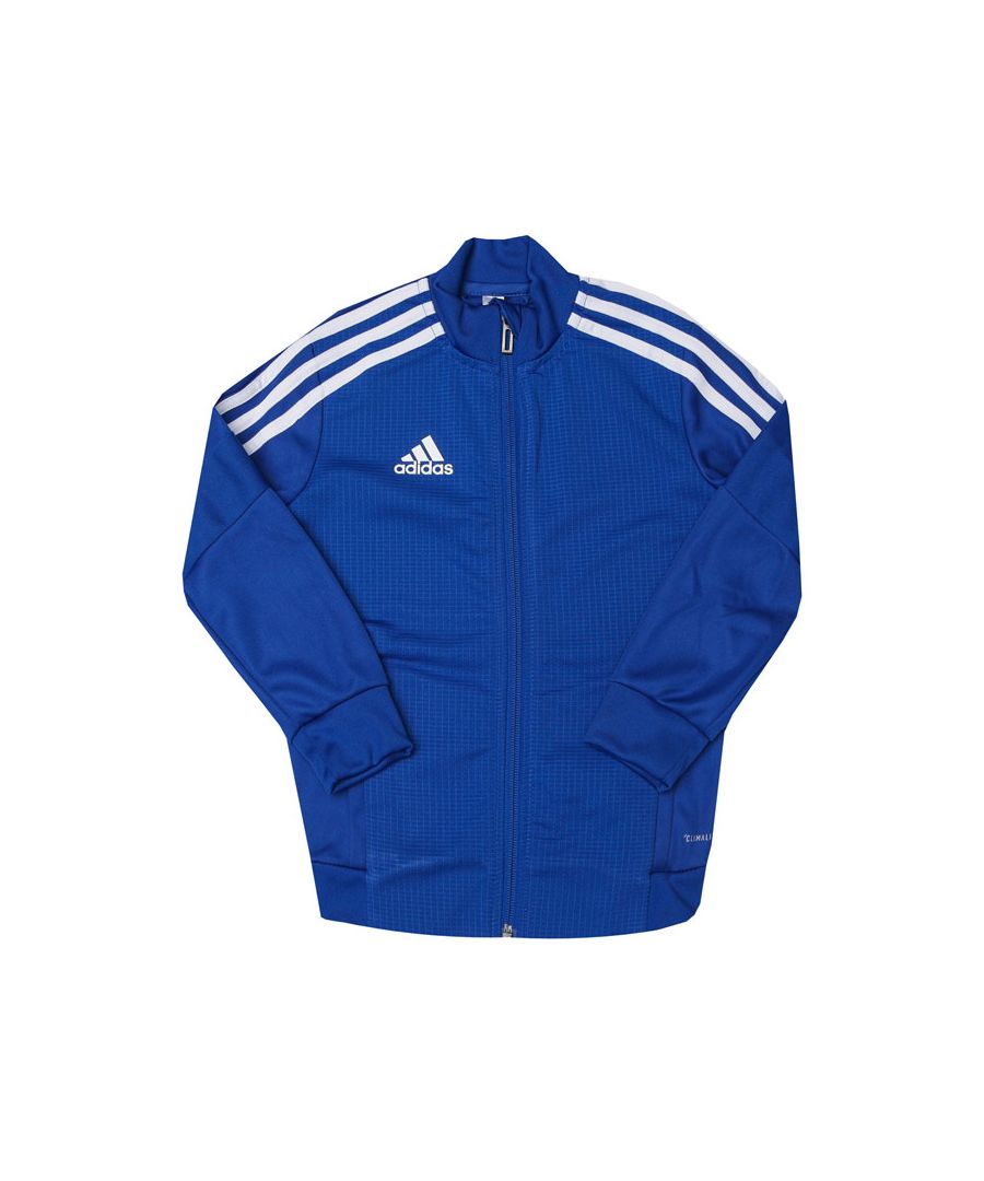Junior adidas Tiro 19 Training Track Top in blue- white.- Ribbed stand-up collar.- Full zip fastening.- Ribbed cuffs and hem.- Two zipped pockets.- Sweat-wicking Climalite fabric.- Ribbing inserts.- Regular fit is wider at the body  with a straight silhouette.- Main material: 100% Polyester. Machine washable. - Ref: DT5274J