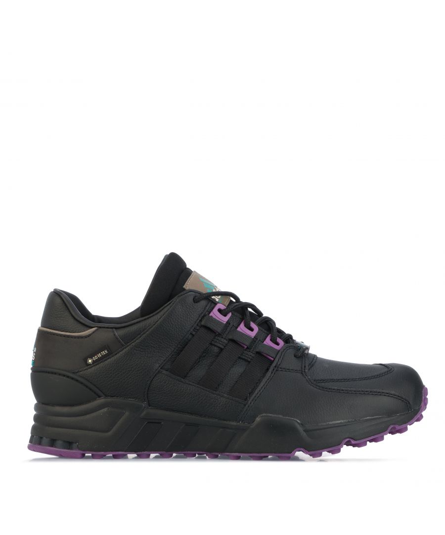 Womens adidas Originals Equipment Support 93 GTX Trainers in black.- Leather upper.- Lace closure.- Three stripes locked down with purple fastenings.- Leather tongue tag.- Gore-Tex Membrane.- Leather lining.- Purple rubber outsole.- Ref: GX3617