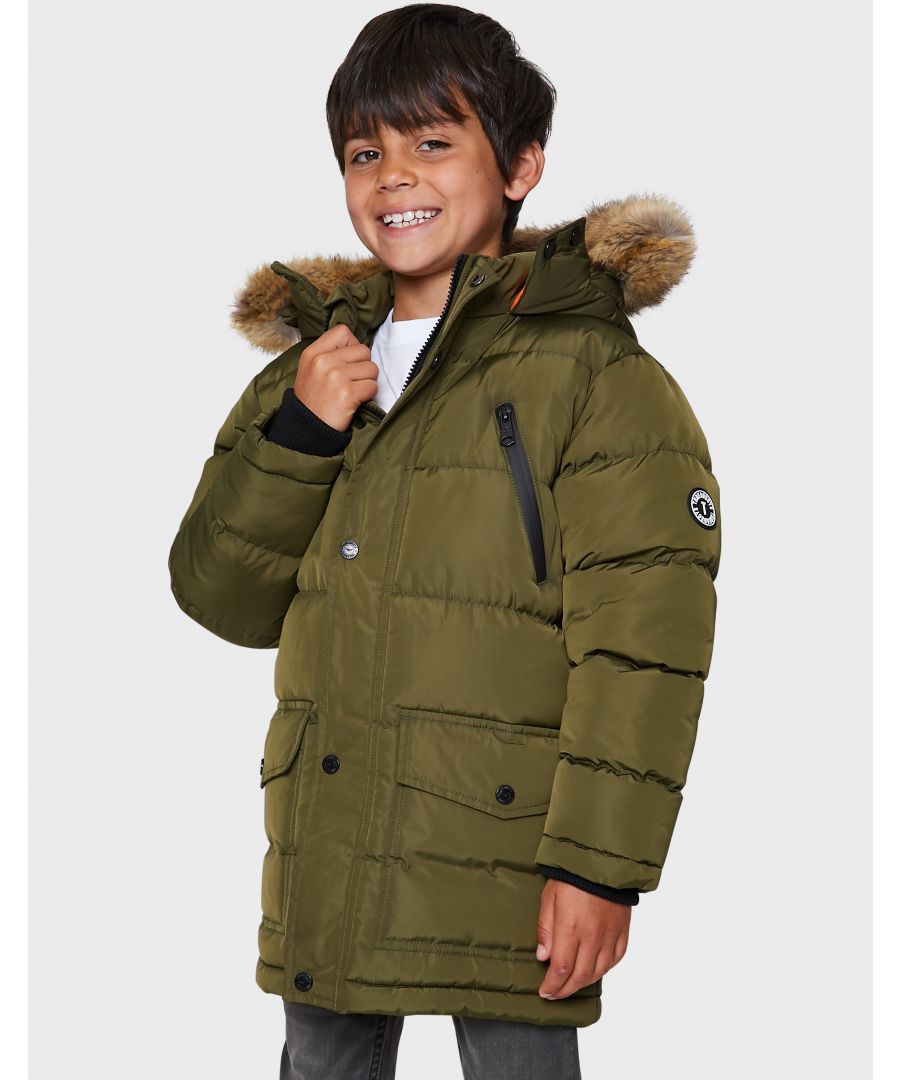 This puffer jacket from Threadboys comes with two zip fastening chest pockets and two popper fastening side pockets. It features a popper fastening storm guard concealing the zip and has a faux fur trimmed hood and contrasting lining. It also has branded badge on the chest and elasticated sleeve cuffs, other colours and styles available.