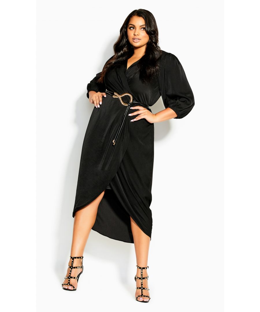 Level up the glam in our Opulent Elbow Sleeve Dress, designed to fit and flatter a curvaceous figure. Flaunting a faux wrap V-neckline with puff sleeves and a tie waist, this elegant design is all you need to see you through those party nights in style. Key Features Include: - Faux wrap V-neckline - Elbow length puff sleeves with elasticated cuff - Removable self-tie waist belt - Half-elasticated waist - Lined skirt - Luxurious shiny satin fabrication - Pullover style - Midi length tulip hemline Add a pair of metallic heels and your ready for a big night out!