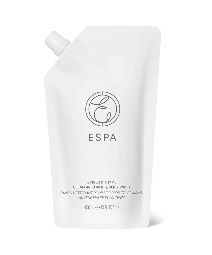 A daily hand and body wash with a mild Coconut derived cleanser that gently, yet effectively cleanses for beautifully refreshed, delicately fragranced skin. Infused with a luxurious blend of pure essential oils, including Ginger and Thyme, combined with a Sugar Beet derived moisturising extract, to leave skin feeling soft and conditioned. \n\nESPA refill pouches use up to 60% less plastic than the ESPA 400ml plastic bottle.