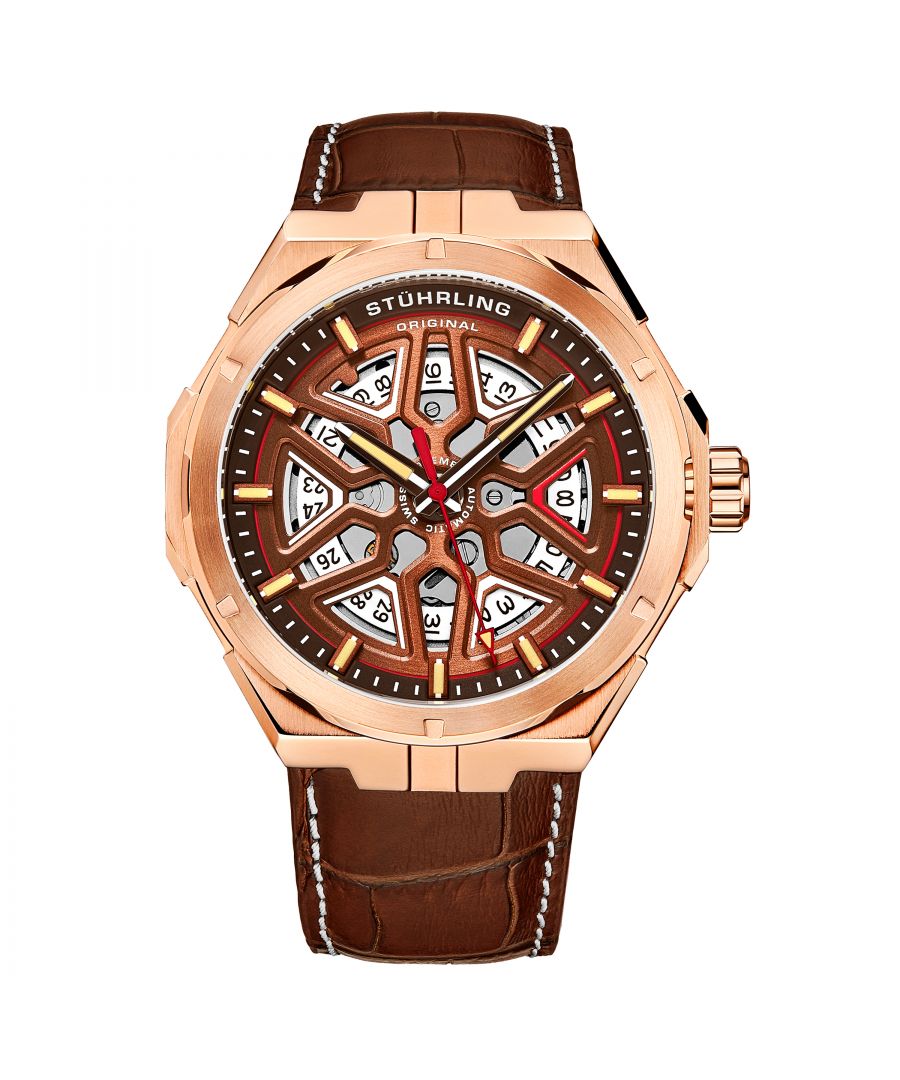 Men's Automatic SS Rose/Gold Toned Case, Rose/Gold Toned Bezel, Brown Dial, Cream Hands, Cream Markers, Brown Alligator Embossed Genuine Leather Strap with White Stitching Watch