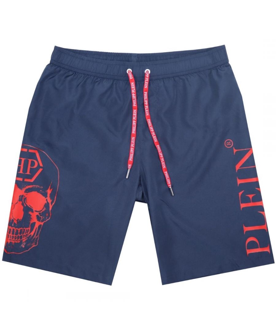 Philipp Plein PP Skull Navy Blue Swim Shorts. Philipp Plein PP Skull Navy Blue Swim Shorts. Elasticated Waistband. Branded Drawstring Fasten. Long Boardshort Style. Product Code - CUPP19 L0185
