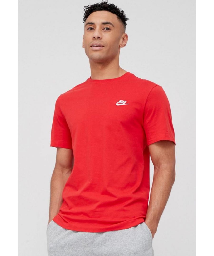Nike Crew Neck Club Mens T Shirt.     \nCotton Jersey Tee.     \nRibbed Crew Neck and Short Sleeves.     \nEmbroidered Swoosh and Nike Logo.          \nStandard Fit for A Relaxed, Easy Feel.