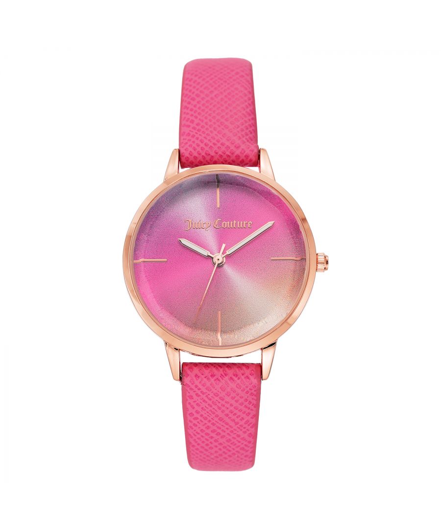 Juicy Couture Watch JC/1256RGHP\nGender: Women\nMain color: Rose Gold\nClockwork: Quartz: Battery\nDisplay format: Analog\nWater resistance: 0 ATM\nClosure: Pin Buckle\nFunctions: No Extra Function\nCase color: Rose Gold\nCase material: Metal\nCase width: 34\nCase length: 34\nFacing: None\nWristband color: Pink\nWristband material: Leatherette\nStrap connecting width: 14\nWrist circumference (max.): 19.5\nShipment includes: Watch box\nStyle: Fashion\nCase height: 8\nGlass: Mineral Glass\nDisplay color: Multicolor\nPower reserve: No automatic\nbezel: none\nWatches Extra: None
