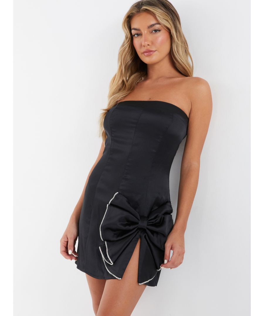 Quiz Womens Black Satin Bow Mini Dress - Size 8 UK