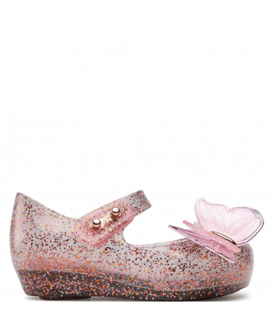 Mini Melissa pink glitter Ultragirl Fly ballerina shoes with pink embellished butterfly finish and pretty peep toe detailing.\n\nPVC upper\nBubble gum scented\nMade in Brazil
