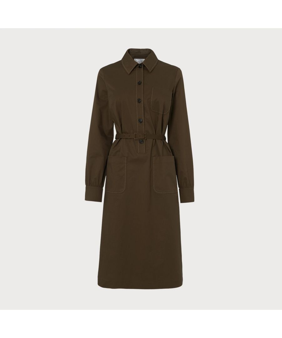 With more than a nod to the 1970s, our Collins shirt dress is the perfect everyday design. Crafted from olive-hued cool cotton, it has a retro-look pointed collar and top stitch detail, and buttons through with natural corozo buttons in cream. It has turn-up, three-quarter sleeves, front patch pockets, a back yoke pleat, the waist is cinched with a fabric-covered buckled belt and it falls to the knee. Wear it with a block heeled sandal for work or with something flat and strappy on the weekend.