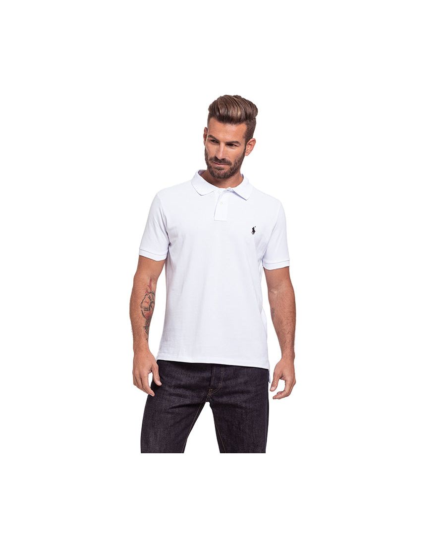 Ralph Lauren Short Sleeve Polo in White | 100% cotton. These original men's designer short sleeve Ralph Lauren polos feature the brand's logo and a button-down collared neckline. Crafted With 100% cotton, these lightweight and breathable regular fit polos are suitable for casual or workwear.