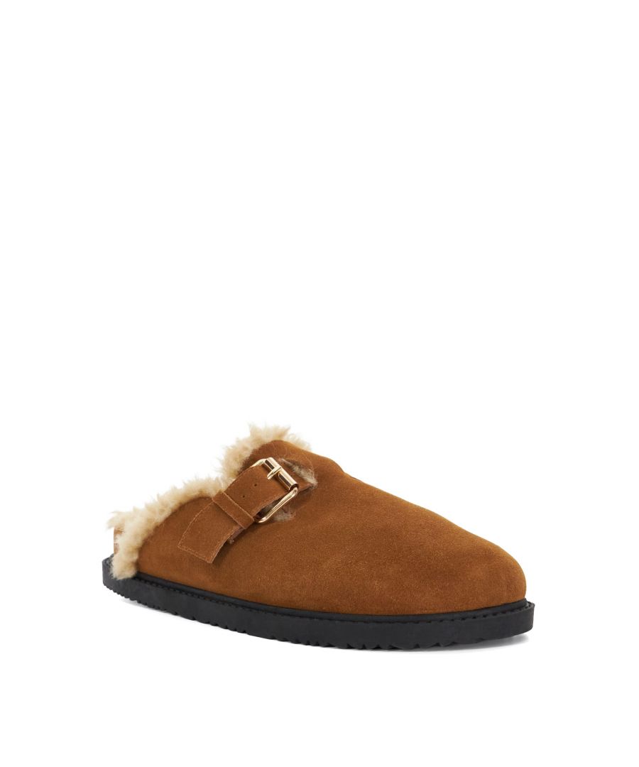 Dune London Womens Ladies Gabrielli - Suede Faux Shearling Lined Clogs - Tan - Size UK 8