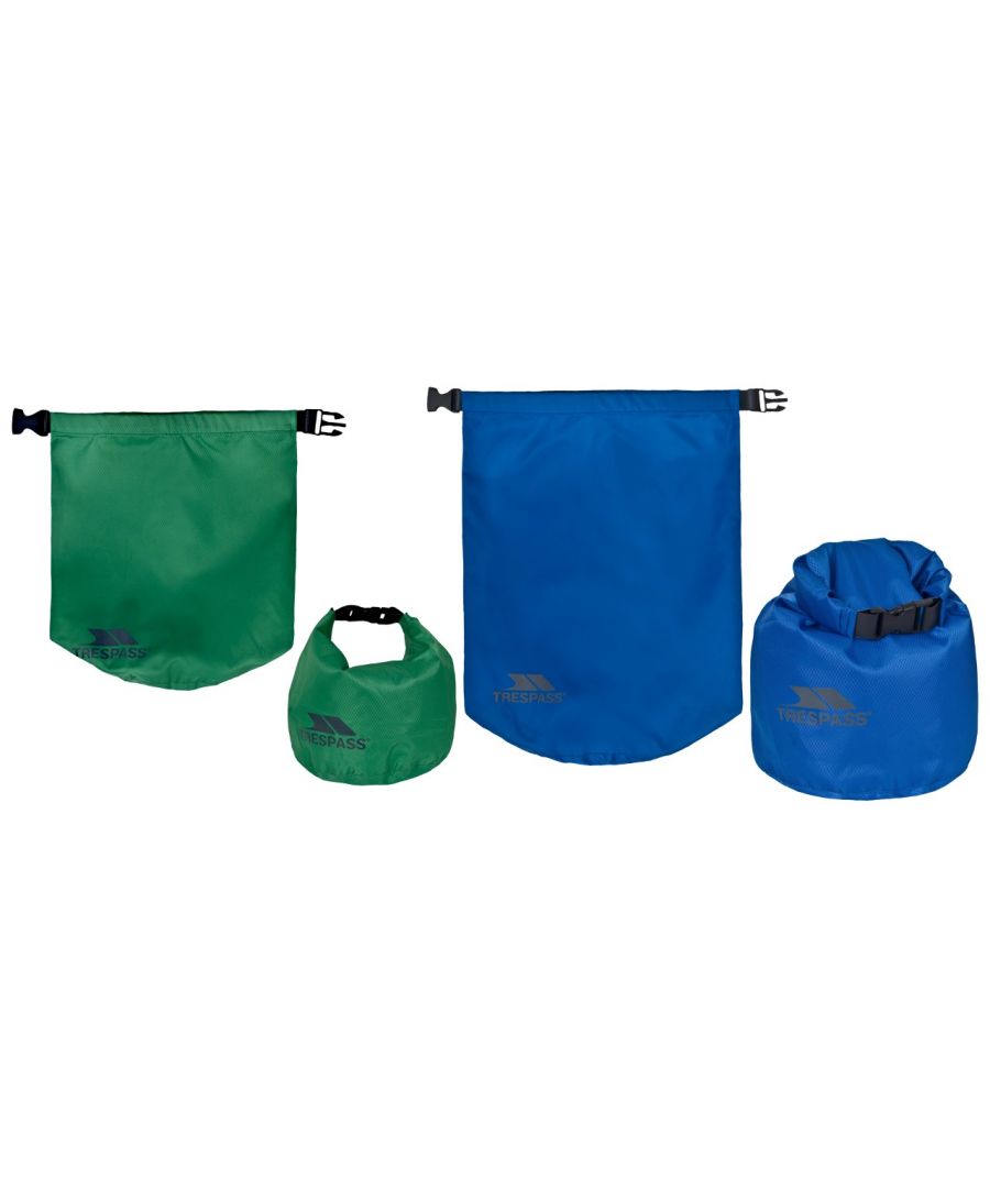 5L (Litre) Green Bag and 10L (Litre) Blue Bag. Roll and Snap Closure. 100% 190T Diamond Ripstop Fabric. PU Coated. Waterproof 2000mm With Taped Seams. Trespass Exhilaration Dry Bag Set 5L and 10L will keep your items protected and in 1 handy place.