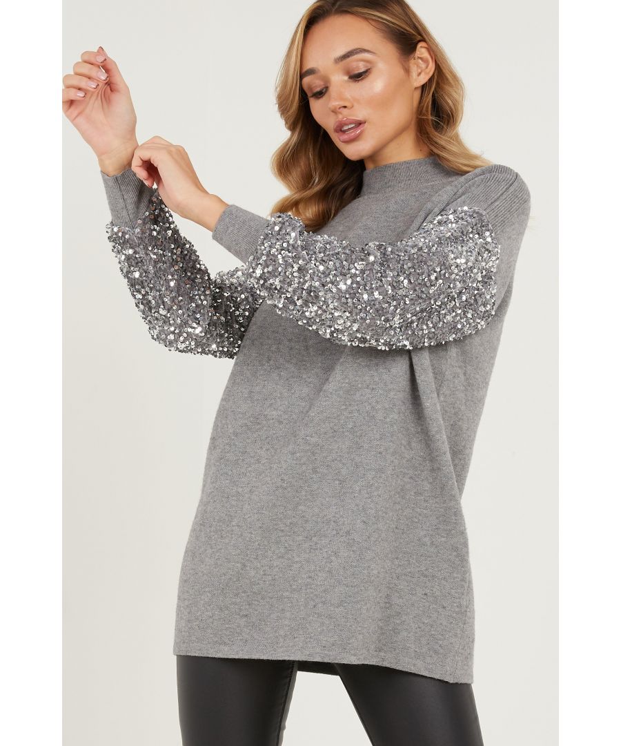 Image for Grey Knitted Sequin Sleeve Jumper