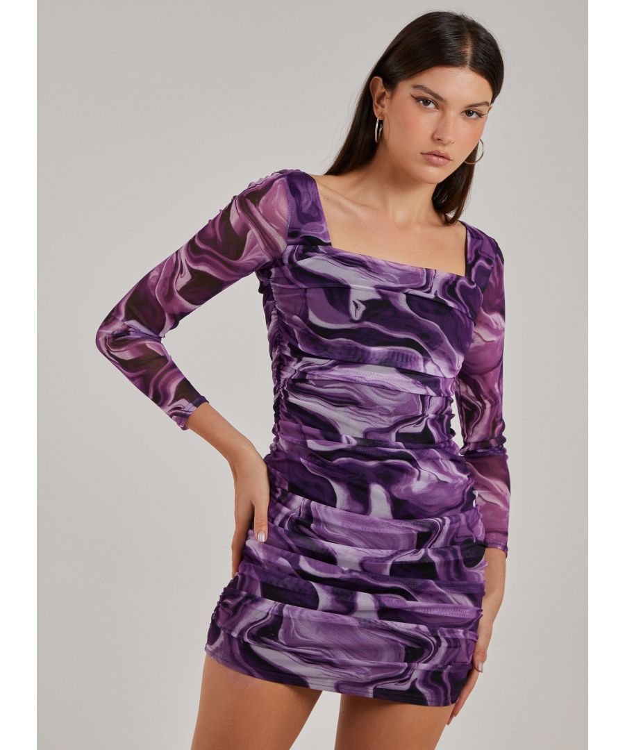 Pink Vanilla Womens Mesh Marble Long Sleeve Mini Dress - Purple - Size 14 UK