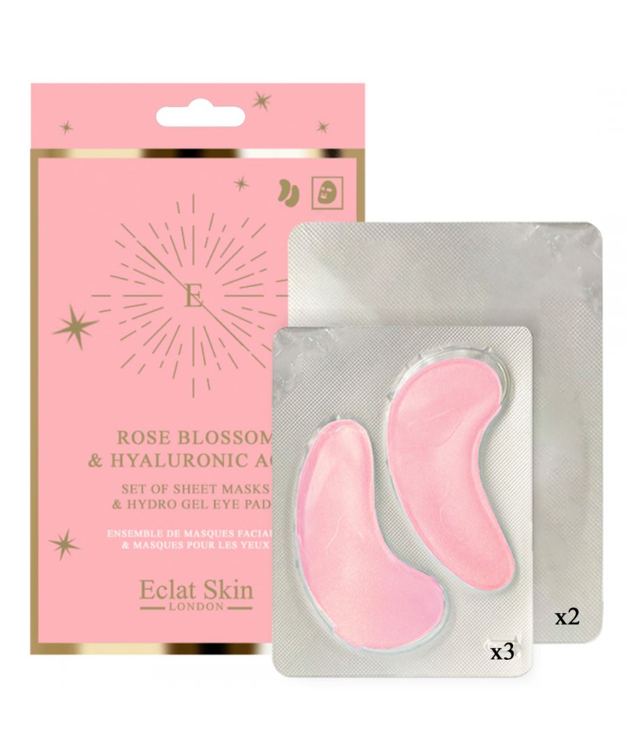 This is a perfect gift of Rose Blossom & Hyaluronic acid Eye pads & Sheet Masks.\n\nThe kit contains:\n3 x hydro-gel eye pads\n2 x sheet masks\n\nAwaken your under eyes with flower powered hydro-gel eye pads that are designed to reduce visible signs of fatigue under the eyes. Filled with antioxidant-rich flower extract serum that feels cool to the skin and aims to smoothen the look of fine lines and wrinkles. The pack contains 5 x 2 eye pads. \n\nEye Pads Directions for usage: Apply each pad to the underside of each eye. Leave for 10-15 minutes. Remove and gently massage in any residue. Do not re-use the pads. Use weekly.\n\nEye Pads Ingredients: Aqua, Glycerin, Propylene Glycol, Carrageenan, Phenoxyethanol, Ethylhexylglycerin, Betaine, Saccharomyces Cerevisiae Extract, Rhodiola Rosea Root Extract, Panthenol,l Paeonia Albiflora Flower Extract, Sea Salt, Mica, CI 77891, CI 75470.\n\nTwo luxury 30-minute hydration treatment sheet masks with a pioneering formula that contains Hyaluronic Acid, Collagen, Algae Extract and three natural extracts high in antioxidants. Designed to hydrate, nourish and plump dehydrated and dull looking skin. Use before makeup, special event or as a weekly relaxation and hydration treatment.\n\nSheet Masks Directions for usage: Apply mask to clean, dry skin, and smooth out with fingers. Take the mask off after approximately 30 minutes. Delicately massage the remaining serum in, and allow it to be fully absorbed or wipe away with a cloth.\n \nSheet Masks Ingredients: Aqua, Glycerin, Butylene Glycol, Natto Gum, Sodium Hyaluronate, Portulaca Oleracea Extract, Ginkgo Biloba Leaf Extract, Morus Alba Root Extract, Algae Extract, Allantoin, Hydrolyzed Collagen, Ethyl Hexanediol, Caprylyl/Capryl Glucoside, 1,2-Hexanediol, Dipotassium Glycyrrhizate, Cyclopentasiloxane, Carbomer, Disodium EDTA, Phenoxyethanol, Sodium Hydroxide, Parfum.