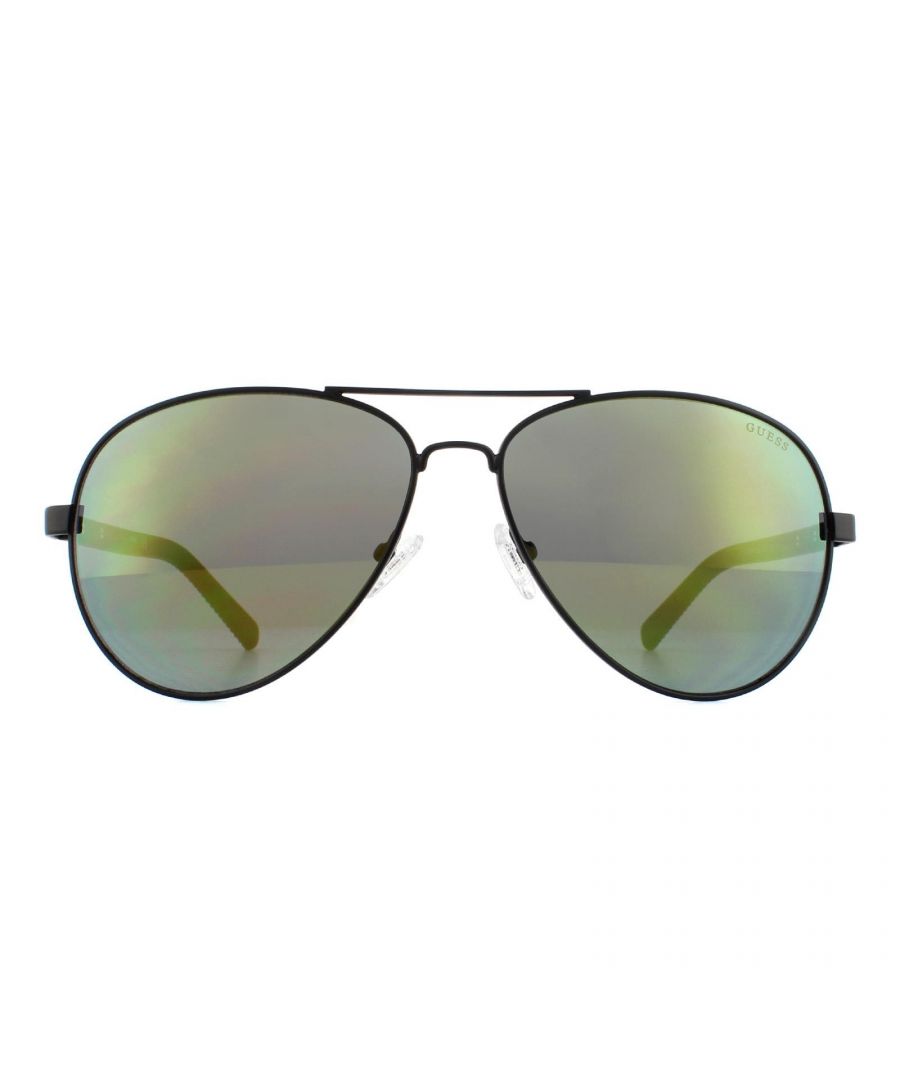 Guess Sunglasses GU6834 02Q Matte Black Green Mirror are a nice sleek modern aviator style for women with textured pattern detailing along the temples and embossed Guess logo at the temple hinge.