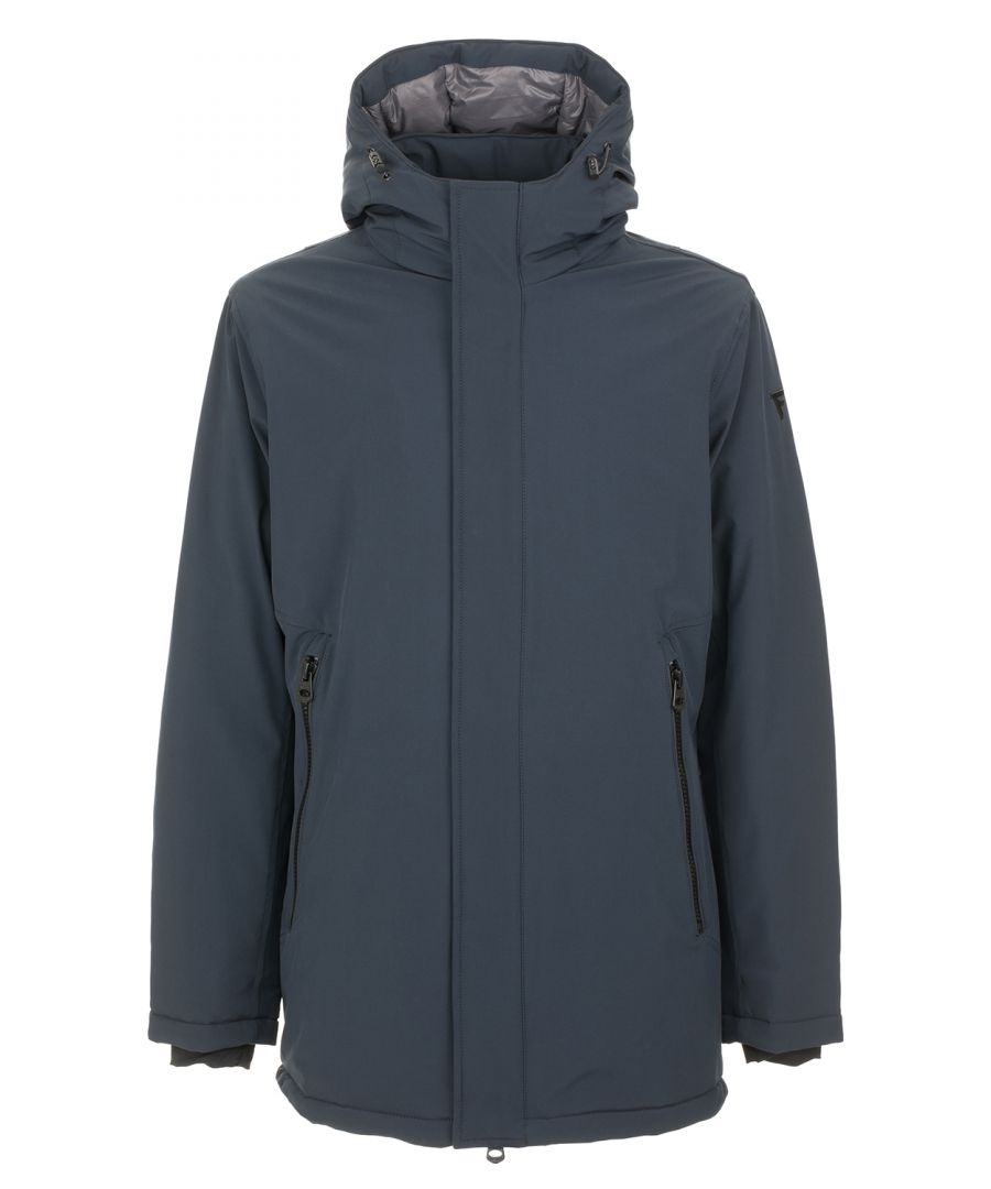 Fred Mello hooded jacket parka, blue color, buttons and zip closure, 2-pocket design