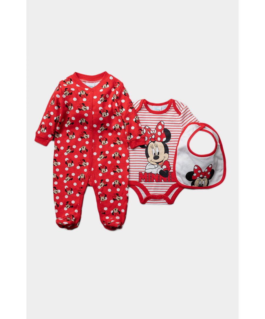 This Disney Baby Minnie Mouse set is the perfect gift for the little one in your life, this three-piece set features a Minnie Mouse print and details. It includes a short-sleeved body suit with popper fastenings, a long sleeve sleepsuit, and an adorable bib. It makes a perfect going-home outfit or baby shower gift.