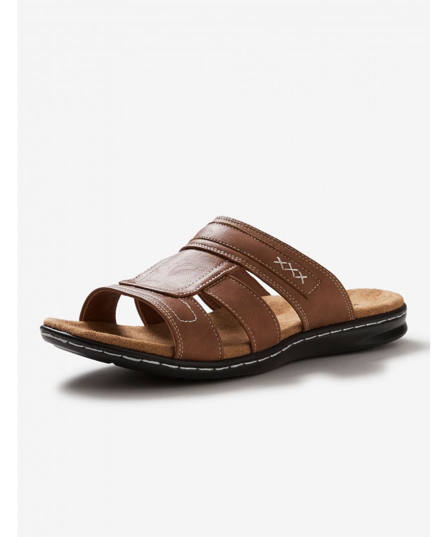 A classic sandal providing comfort and style for the summer season Slip On StyleContrast Stich DetailLeather look and feelTextured padded Insole Material:  100% Synthetic