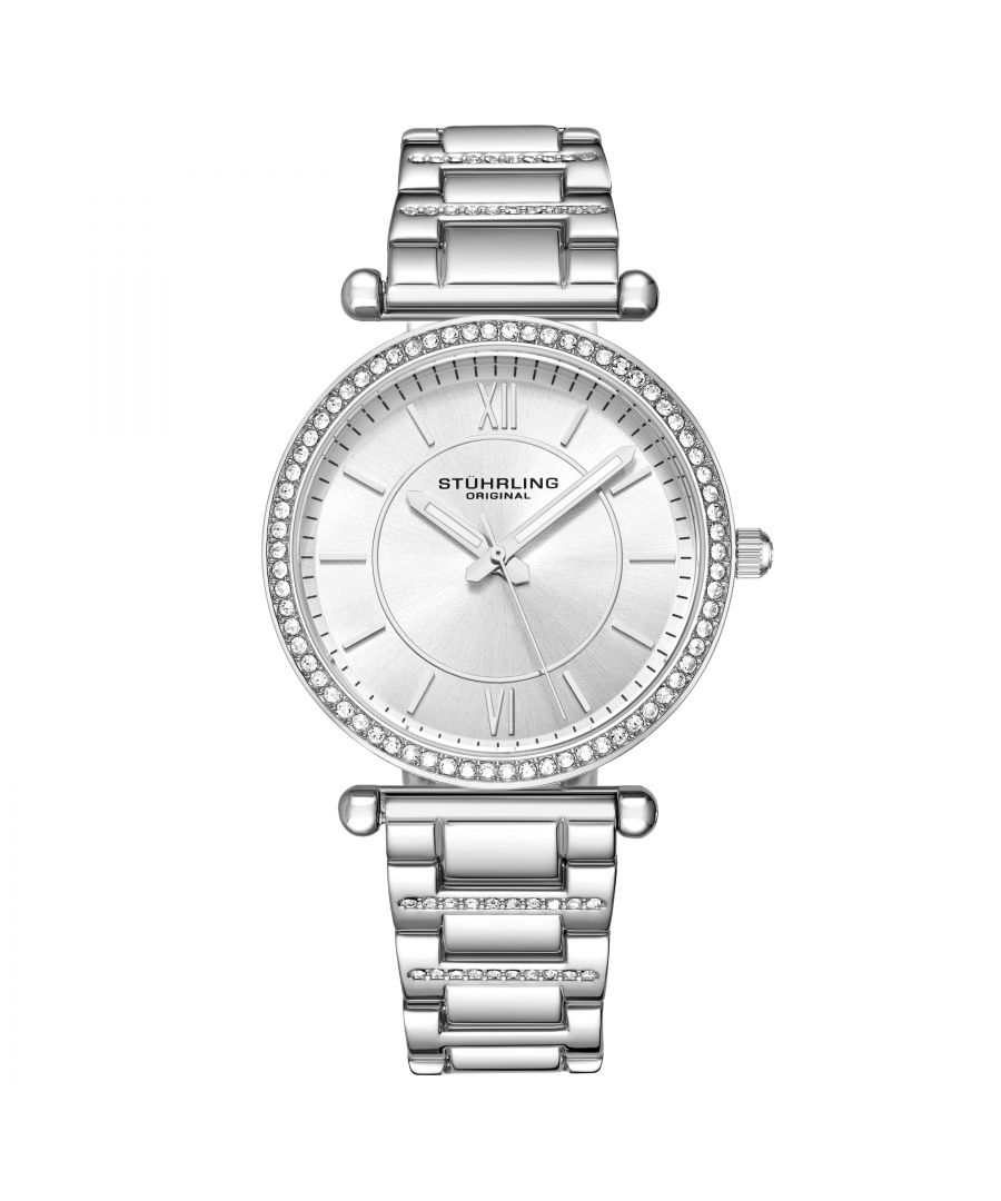 Women's Quartz Crystal Studded Silver Case and Bracelet, Silver Dial, Silver Hands and Markers Watch
