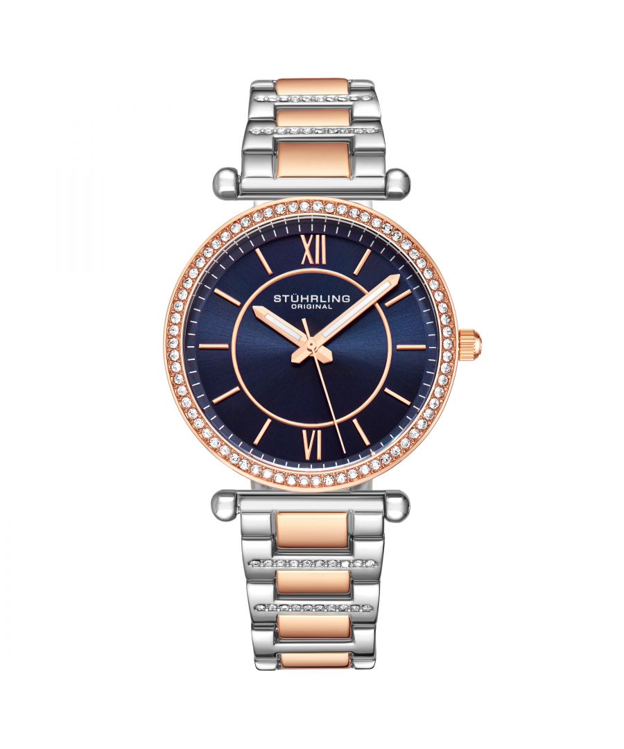 Women's Quartz Crystal Studded Silver/Rose Case and Bracelet, Blue Dial, Rose Hands and Markers Watch
