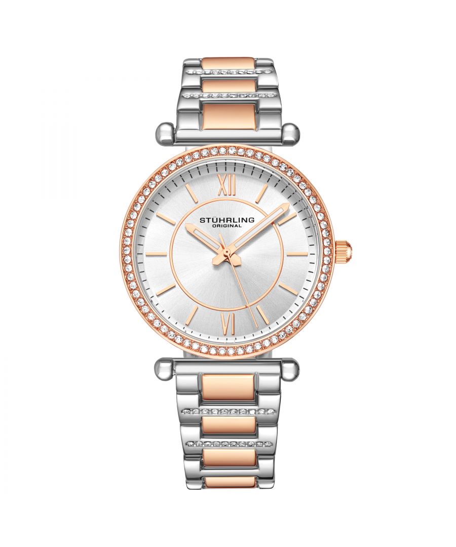 Women's Quartz Crystal Studded Rose Case and Bracelet, Silver Dial, Rose Hands and Markers Watch