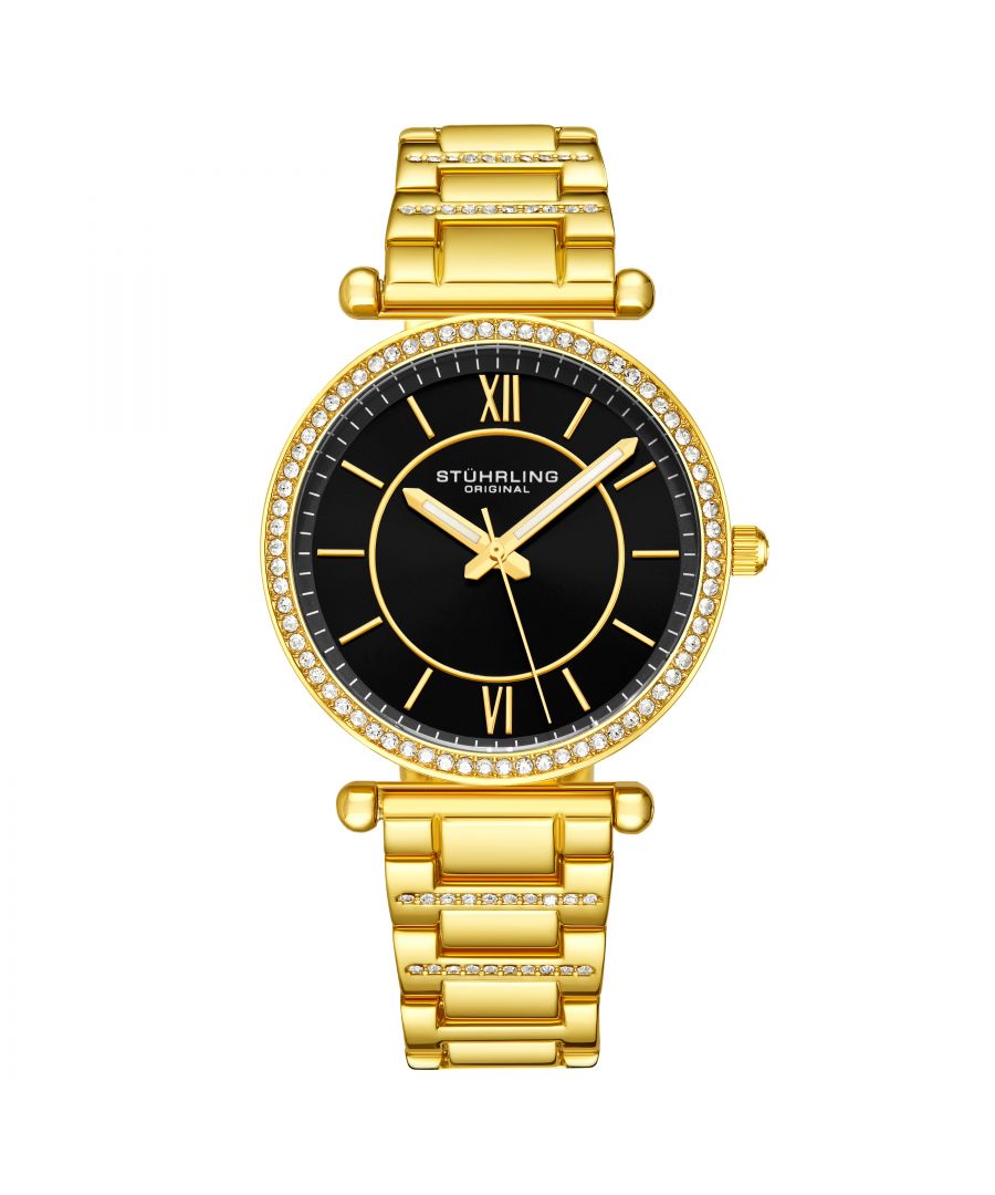 Women's Quartz Crystal Studded Gold-tone Case and Bracelet, Black Dial, Gold-tone Hands and Markers Watch
