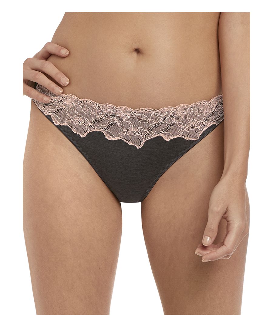Freya Chi sexy stylish Brazilian brief.  Designed in a soft stretch fabric and finished with scalloped contrasting lace on the front for a romantic chic look.  The Brazilian cut creates a flattering look for less coverage on the rear.  A perfect addition to your lingerie drawer!