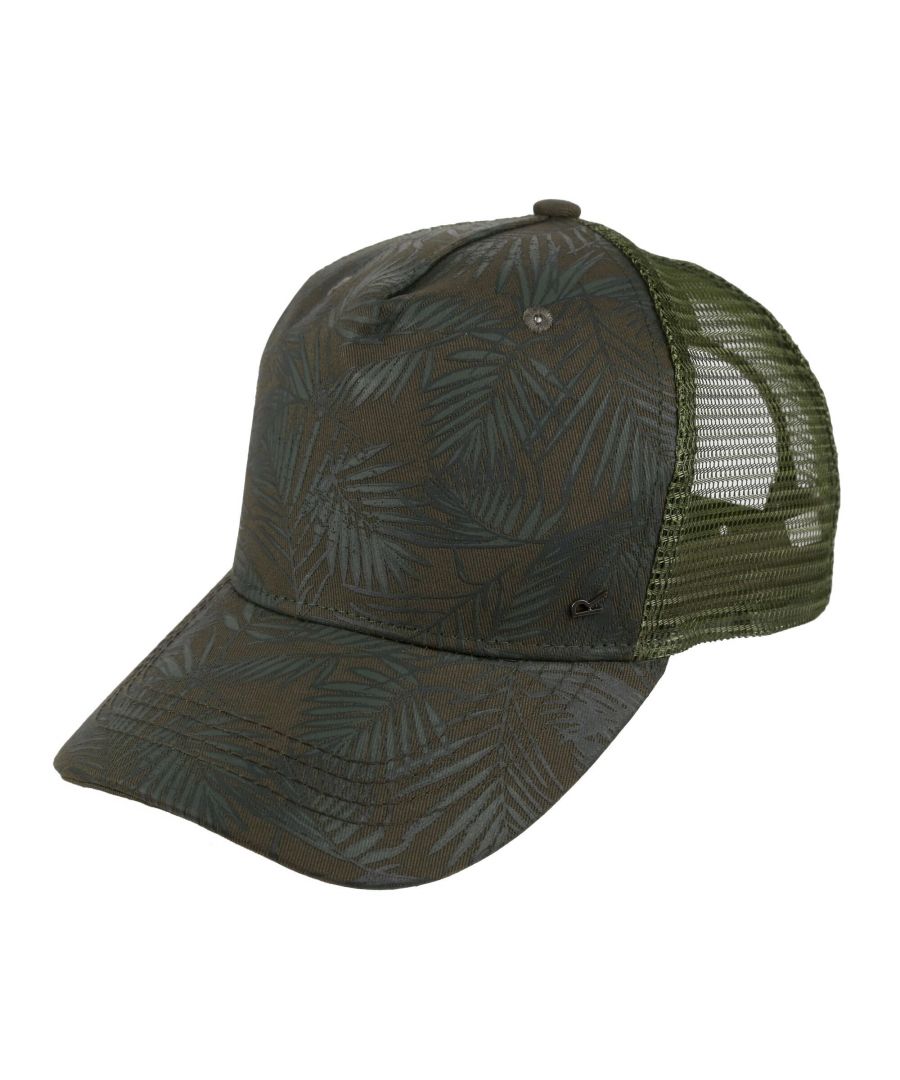 Material: Cotton Canvas, Polyester. Fabric: Coolweave, Twill. Design: Logo, Palm Print. 5 Panel Design, Button at Top, Curved Brim, Embroidered Eyelets, Mesh Backing. Fabric Technology: Breathable, Lightweight. Fastening: Adjustable Straps.