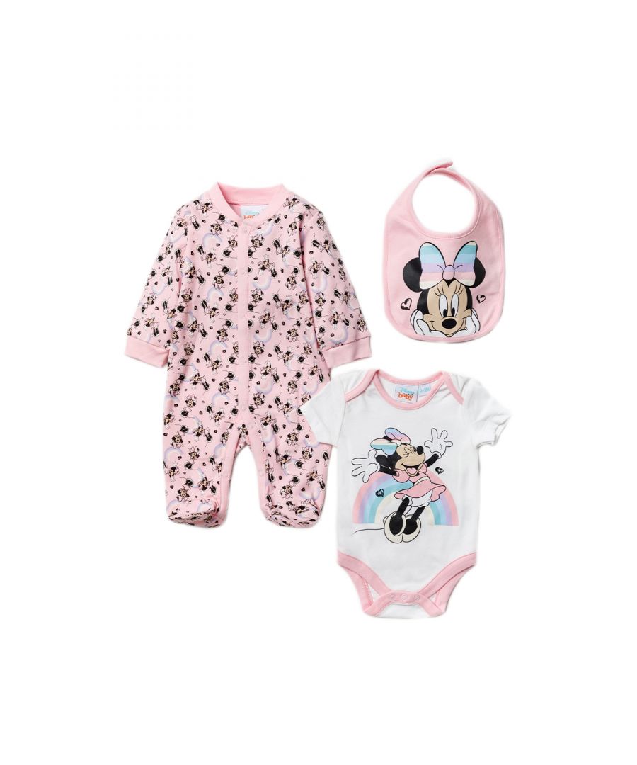 This adorable Disney Baby three-piece set features a rainbow themed Minnie Mouse print. The set includes a printed bodysuit, a baby-pink, all-over print, footed sleepsuit and a matching bib! Each item in the set is cotton with popper fastenings, keeping your little one comfortable. This would be a lovely baby shower gift for the little one in your life!