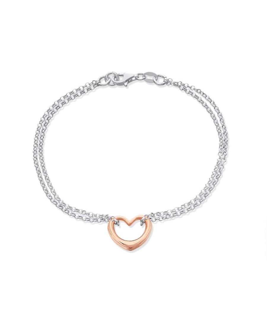 A perfect gift for the one you love, this 7.5in/19cm sterling silver bracelet features a double chain around a rose tone central open heart. Secured with a karab clasp.